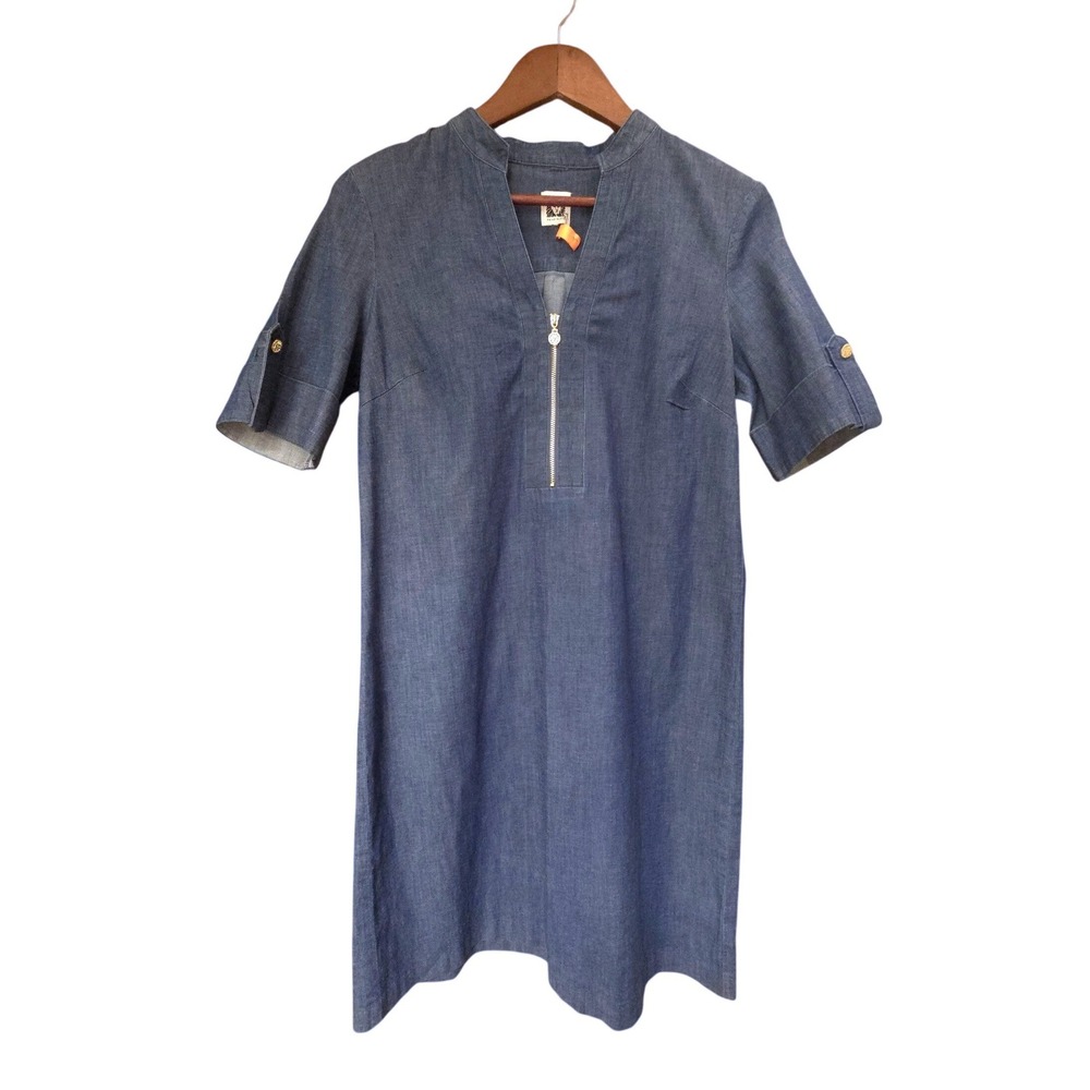 Anne Klein Blue Denim Shift Dress Gold Lion Head Zip Split Neck Short Sleeve M